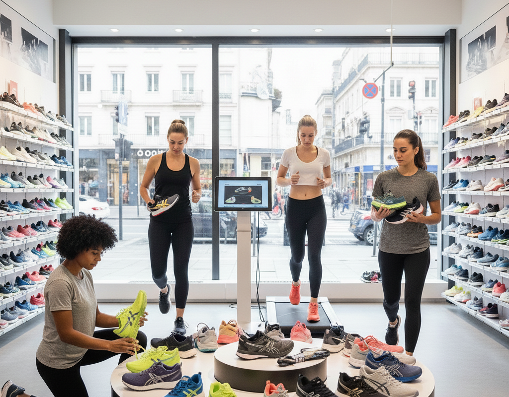 Quatre femmes dans un magasin de chaussures de sport spécialisé, entourées d'étagères remplies de chaussures de course. Une femme est accroupie et examine une chaussure, deux autres courent sur un tapis de course avec un écran affichant une analyse de la foulée, et la quatrième femme se tient debout, tenant deux paires de chaussures