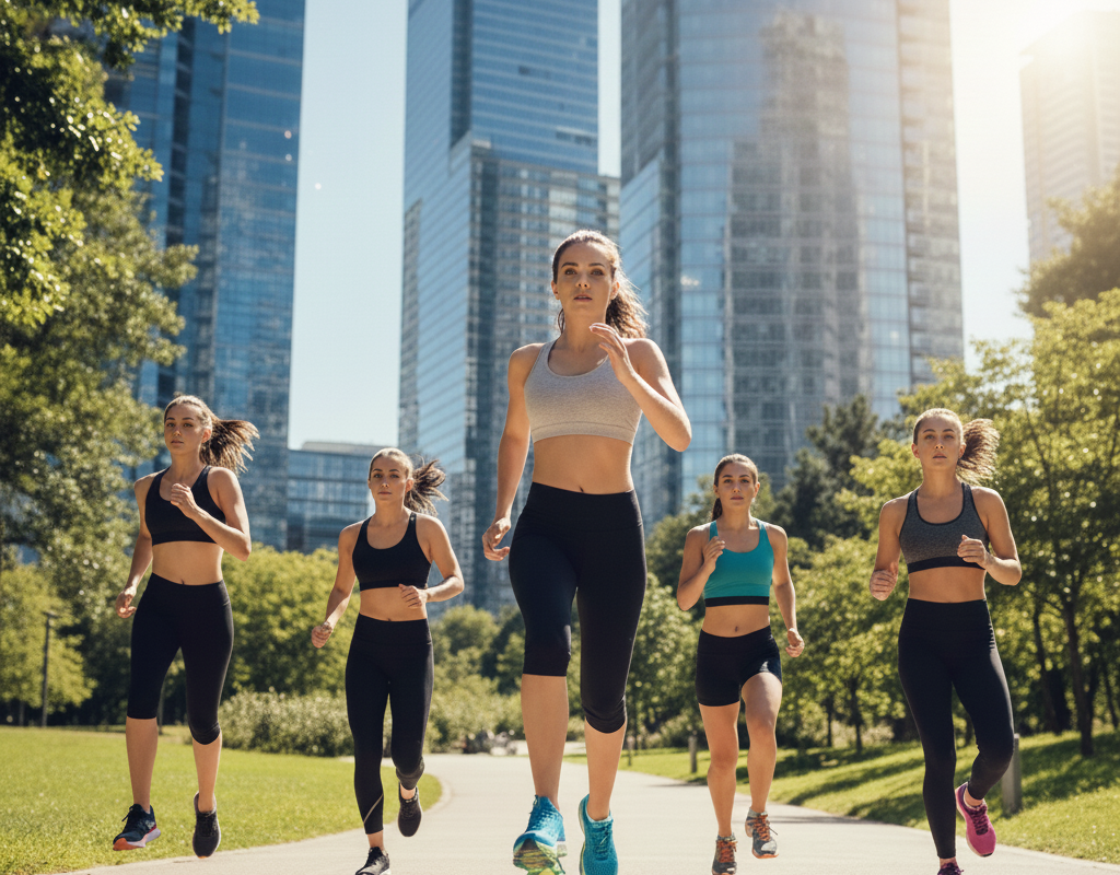 Cinq femmes en tenue de sport (soutien-gorge de sport et leggings noirs) font du jogging ou de la course à pied dans un parc urbain, sur une piste. Elles courent ensemble vers l'avant. Chacune porte des chaussures de sport de couleurs différentes (bleu turquoise, rose fuchsia, noir, etc.). L'arrière-plan montre des gratte-ciel modernes et un ciel bleu dégagé, suggérant une ville par une journée ensoleillée. En surimpression dans le ciel, on voit un grand point d'interrogation stylisé et lumineux, représentant l'idée d'une question ou d'une recherche.