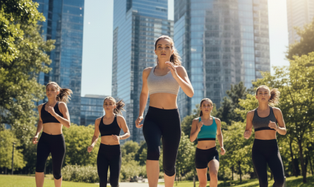 Cinq femmes en tenue de sport (soutien-gorge de sport et leggings noirs) font du jogging ou de la course à pied dans un parc urbain, sur une piste. Elles courent ensemble vers l'avant. Chacune porte des chaussures de sport de couleurs différentes (bleu turquoise, rose fuchsia, noir, etc.). L'arrière-plan montre des gratte-ciel modernes et un ciel bleu dégagé, suggérant une ville par une journée ensoleillée. En surimpression dans le ciel, on voit un grand point d'interrogation stylisé et lumineux, représentant l'idée d'une question ou d'une recherche.