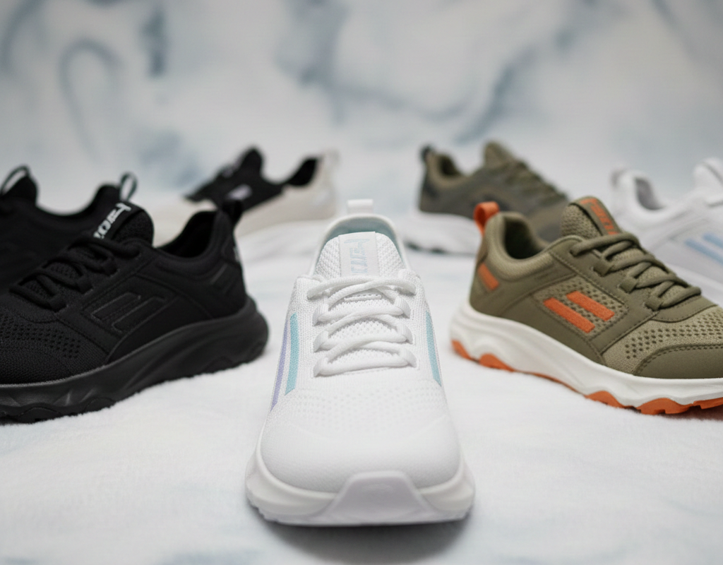 Gros plan sur une paire de chaussures de sport blanches et confortables pour femmes au centre, avec une mise au point nette. D'autres paires de baskets (noires, vert kaki, blanches) sont floutées en arrière-plan sur une surface douce et marbrée, suggérant le confort et le choix.