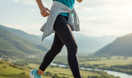 Gros plan sur les jambes et les pieds d'une femme en pleine marche sportive ou course légère, portant des chaussures de sport bleues et blanches. Elle est vêtue d'un t-shirt bleu sarcelle et d'un legging noir, avec une veste grise attachée autour de la taille. L'arrière-plan est un paysage montagneux ensoleillé, avec des collines verdoyantes, une vallée et une rivière serpentant en contrebas, suggérant un sentier de randonnée ou de marche en nature. L'image met l'accent sur le mouvement et l'équipement de marche.
