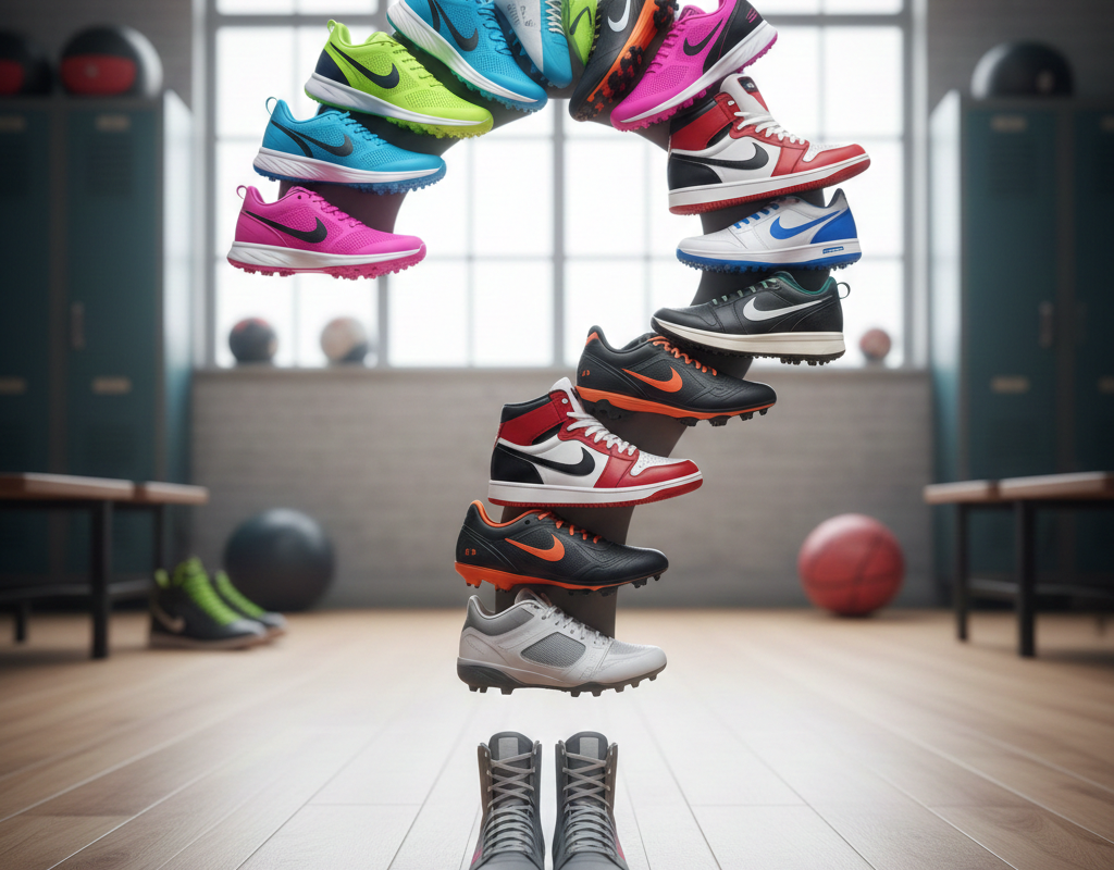 Une collection de chaussures de sport colorées et variées (bleues, vertes, roses, noires, rouges, blanches, grises) est empilée pour former la silhouette d'un point d'interrogation géant. Les chaussures sont dans un environnement intérieur qui ressemble à un vestiaire ou une salle de sport, avec des casiers et des ballons de sport en arrière-plan. L'image représente visuellement la question sur le nom des différents types de chaussures de sport.