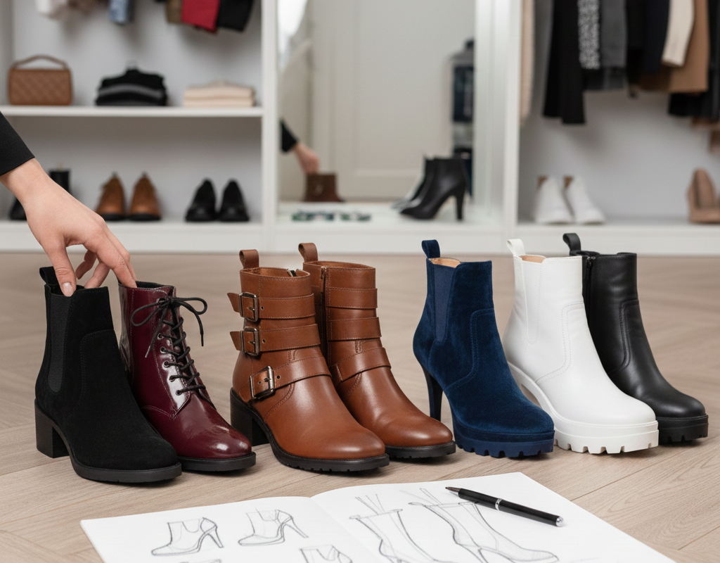 Sélection de bottines de différents styles et couleurs (noir, bordeaux, marron, bleu, blanc, noir) disposées sur le sol devant un placard et des croquis de chaussures pour illustrer l'article Comment choisir des bottines.