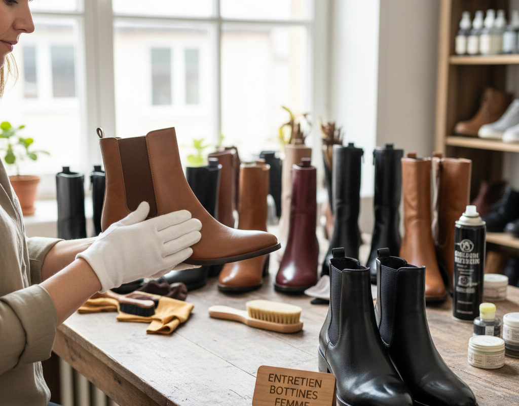 Gros plan sur une femme portant des gants blancs et nettoyant une bottine en cuir marron clair sur une table en bois remplie de produits d'entretien et d'autres paires de bottines.