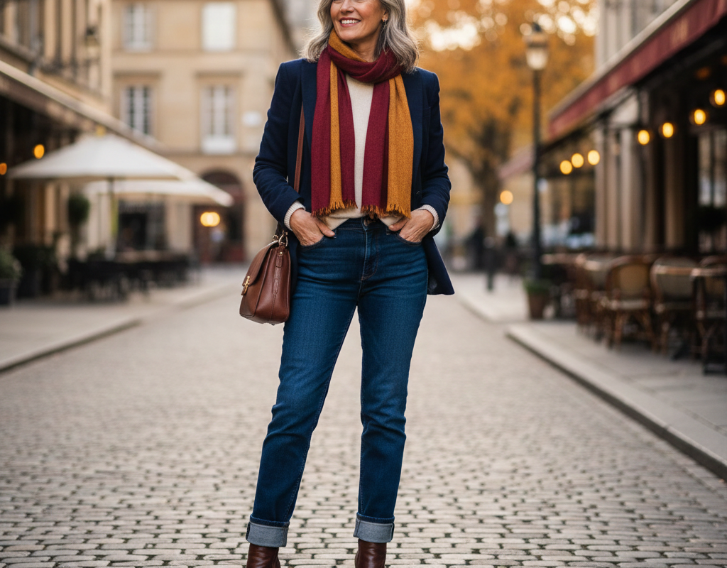 Femme élégante de 50 ans et plus portant des bottines chic avec un jean ajusté, illustrant comment les assortir pour un look moderne et flatteur.