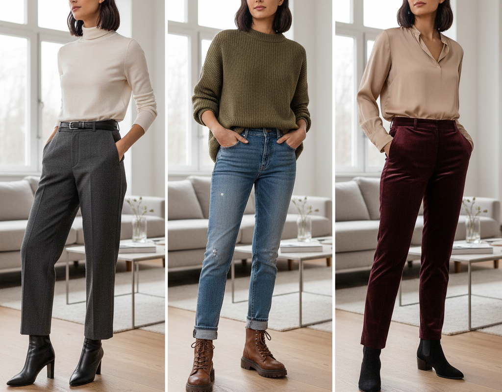 Gros plan sur différentes paires de bottines portées avec divers types de pantalons (par exemple, un pantalon droit, un jean slim, ou un pantalon large) pour illustrer les combinaisons de styles.