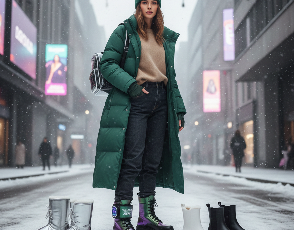 Gros plan sur trois paires de bottines d'hiver (par exemple, bottine Chelsea imperméable, bottine à lacets fourrée, et bottine en cuir à plateforme) représentant les tendances mode pour l'hiver 2025.