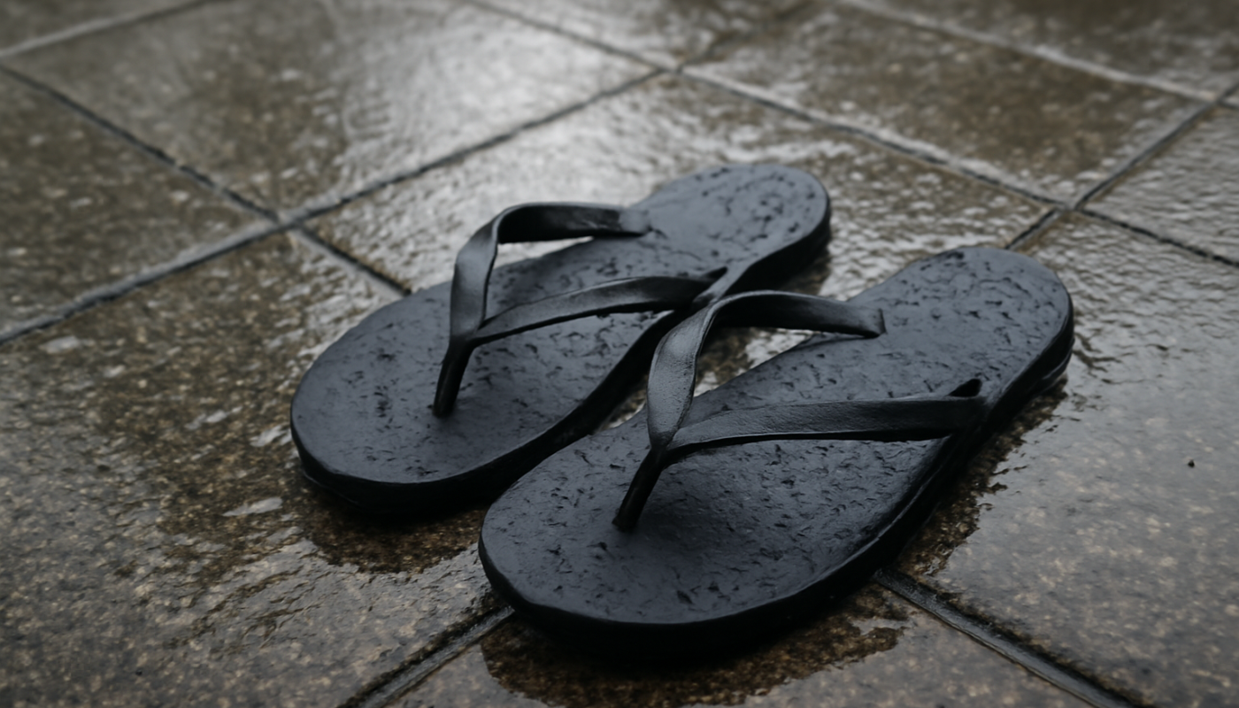tongs posées sur dalle mouillée