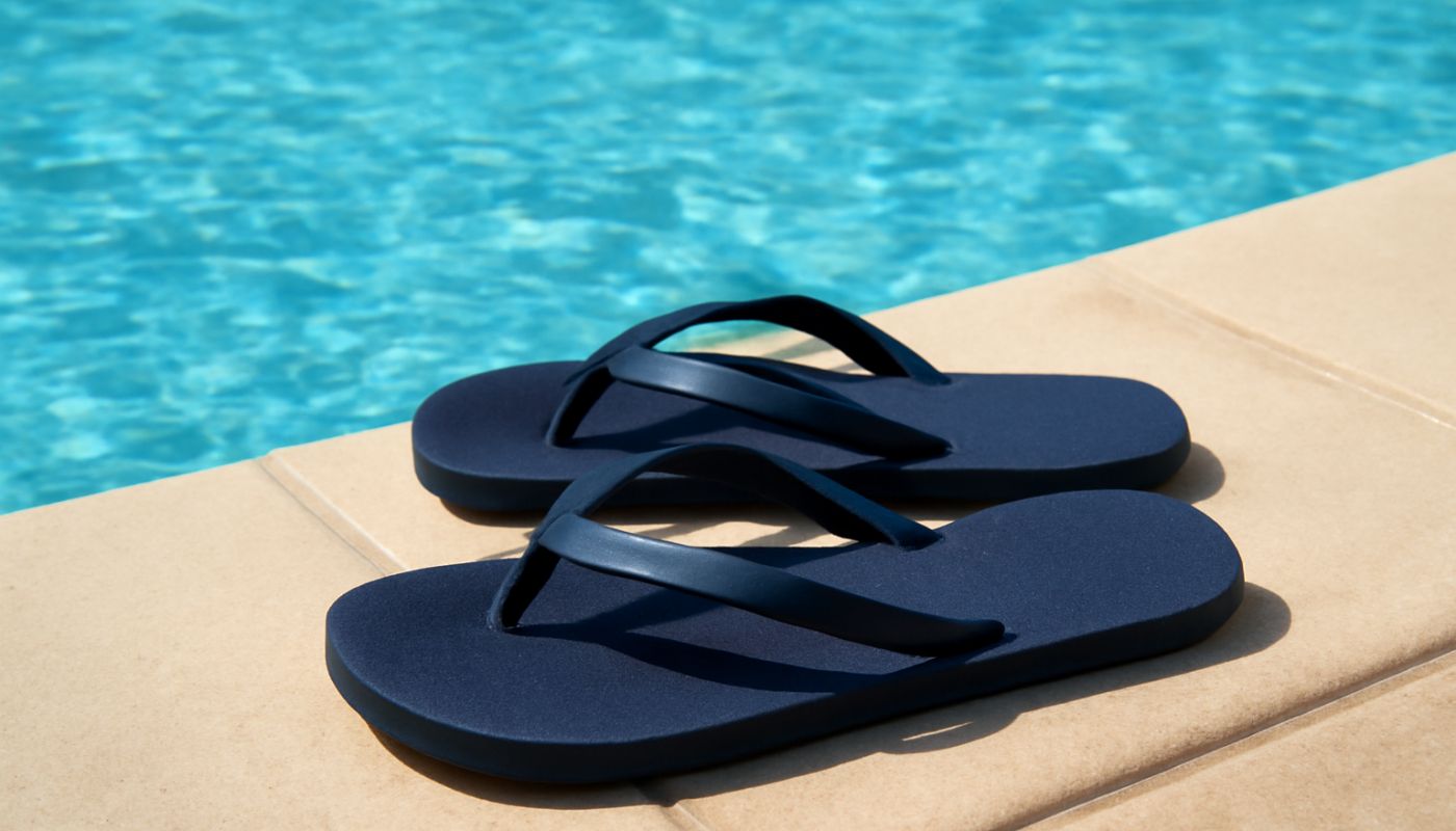 tongs posees a cote d'une piscine
