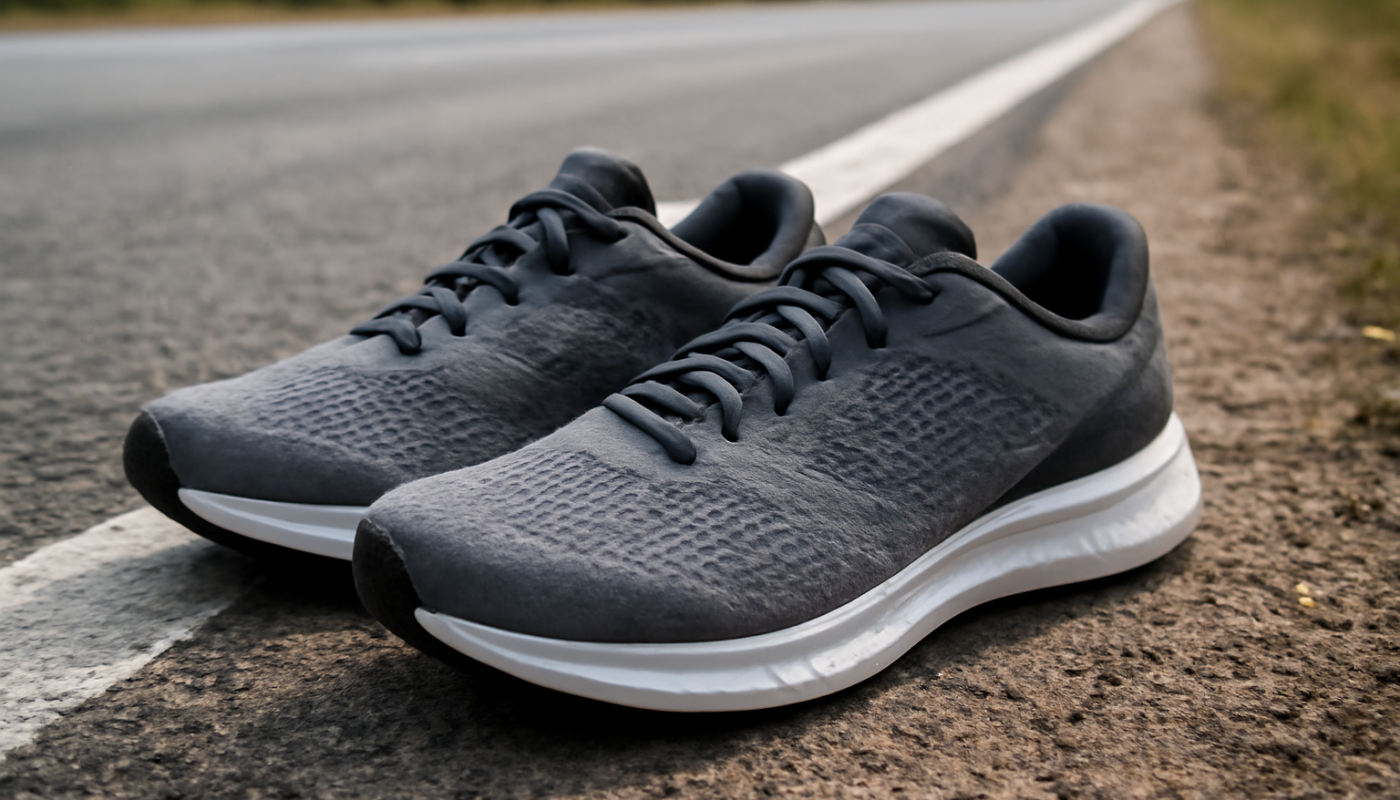 baskets de running posees sur bord de route