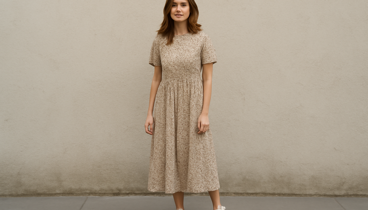 femme en baskets basses et robe midi