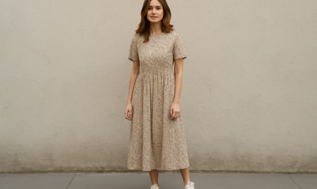 femme en baskets basses et robe midi