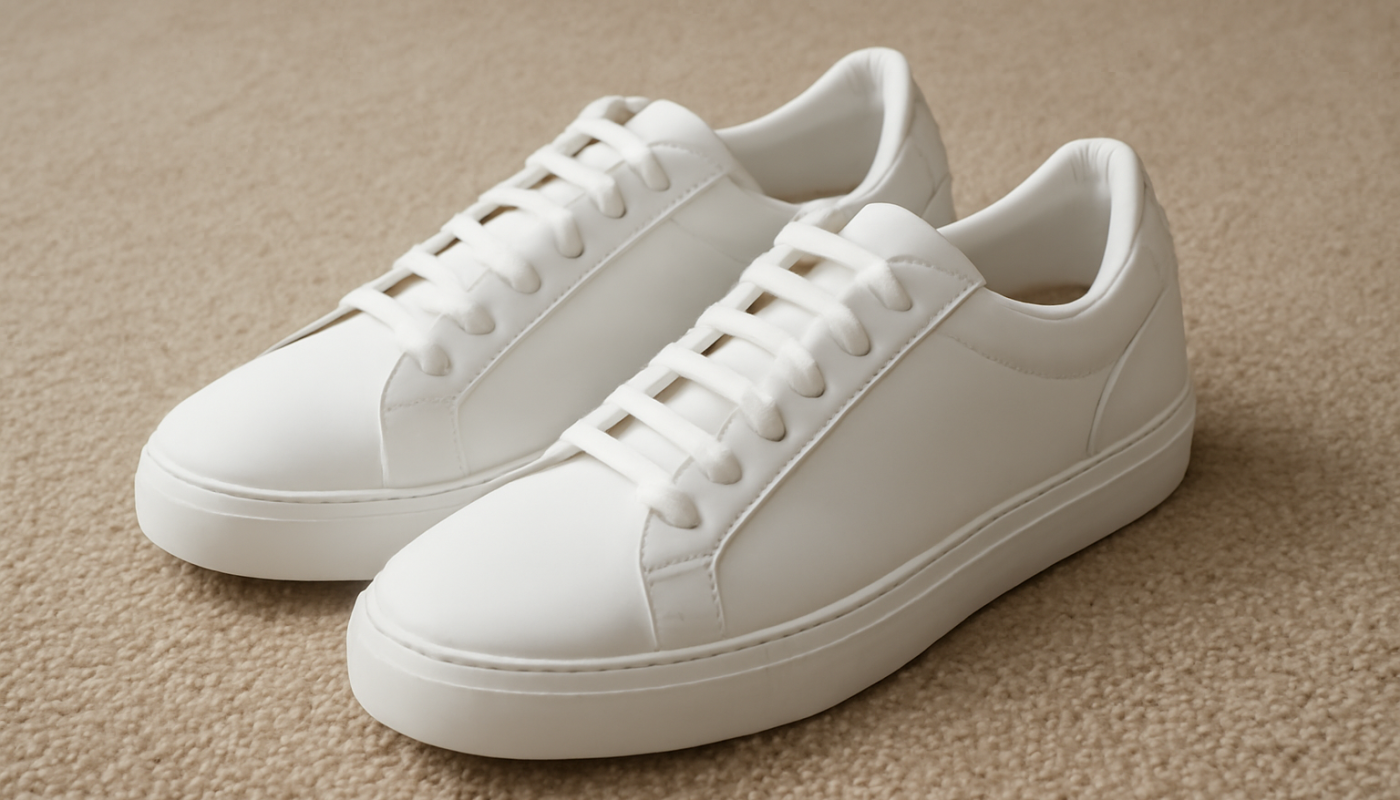 paire de baskets blanches posee sur tapis