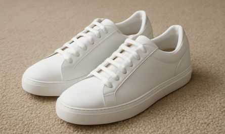 paire de baskets blanches posee sur tapis