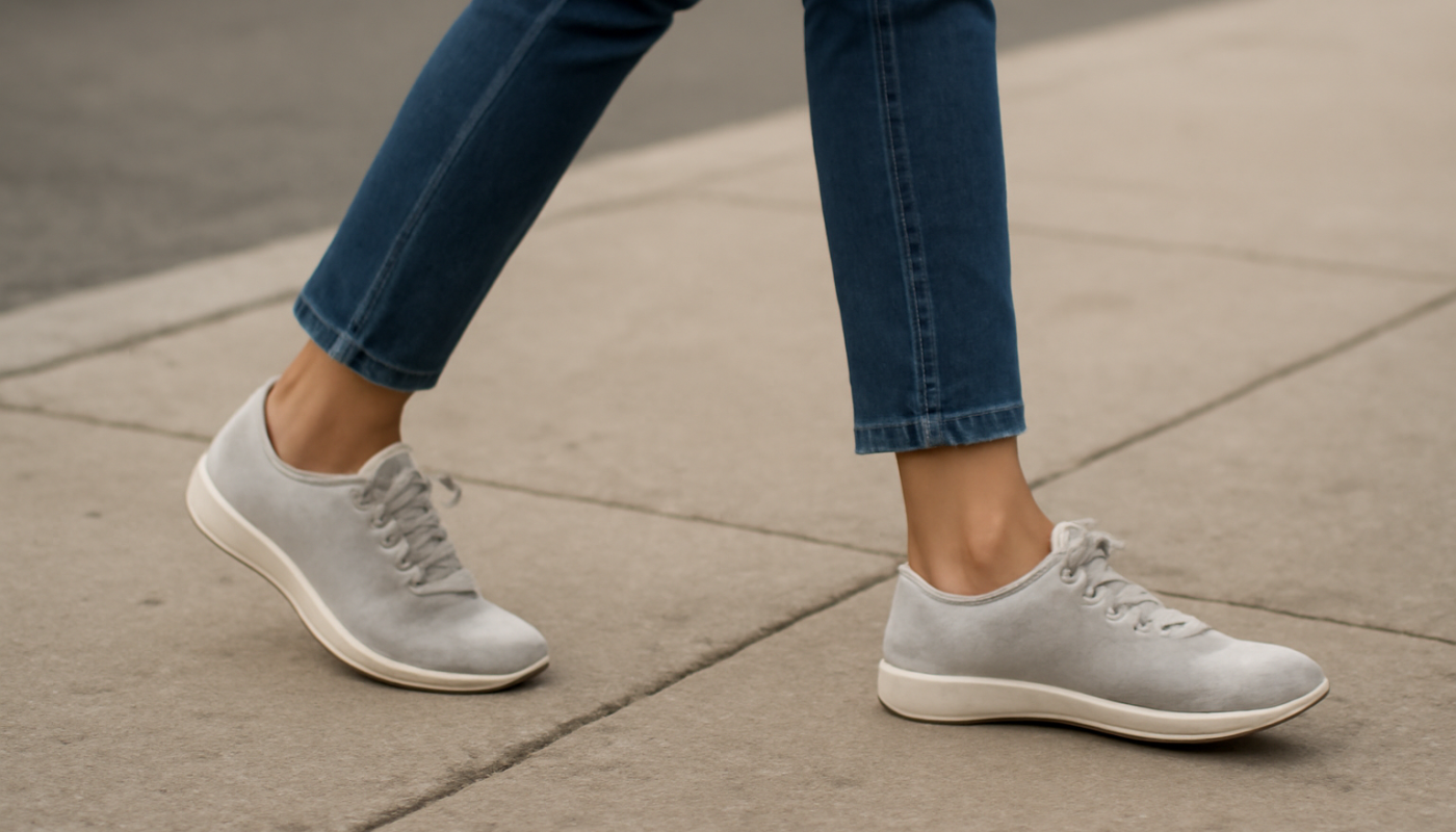personne marchant en baskets tres fines sur trottoir