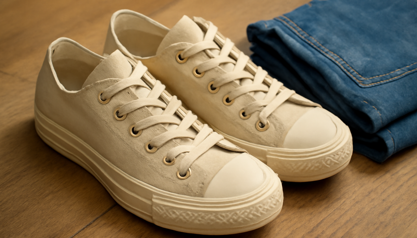 baskets posees pres d'un jean plie
