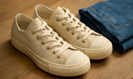 baskets posees pres d'un jean plie