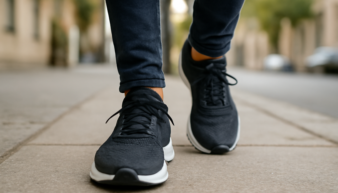 personne marchant en baskets de running sur trottoir