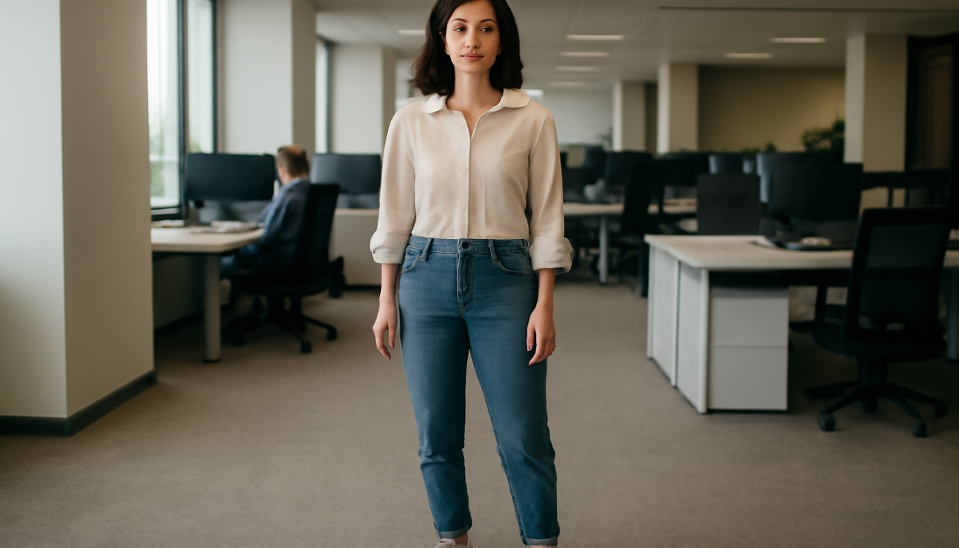 femme debout en baskets confort au travail