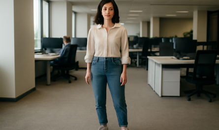 femme debout en baskets confort au travail