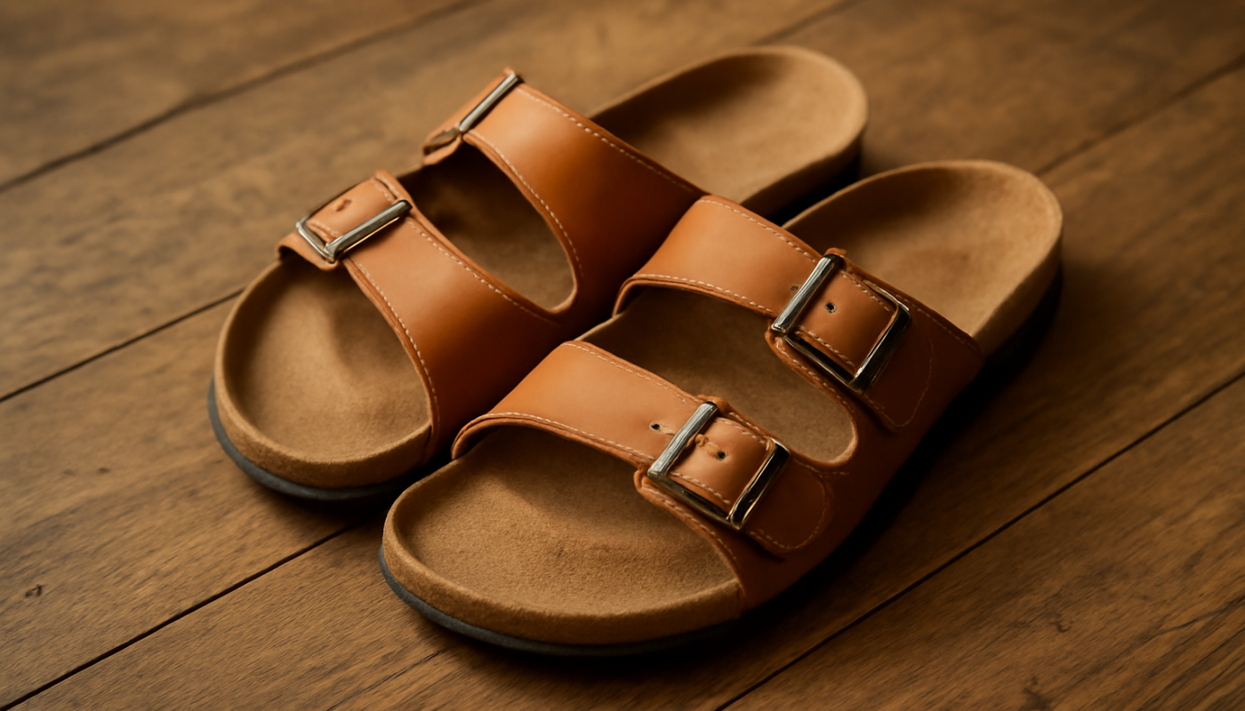 sandales a boucle sur plancher en bois