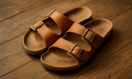 sandales a boucle sur plancher en bois