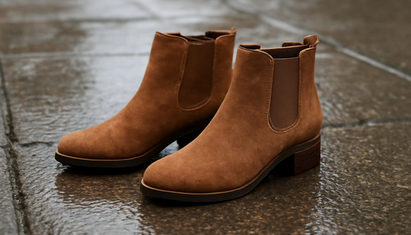 bottines posees sur trottoir humide