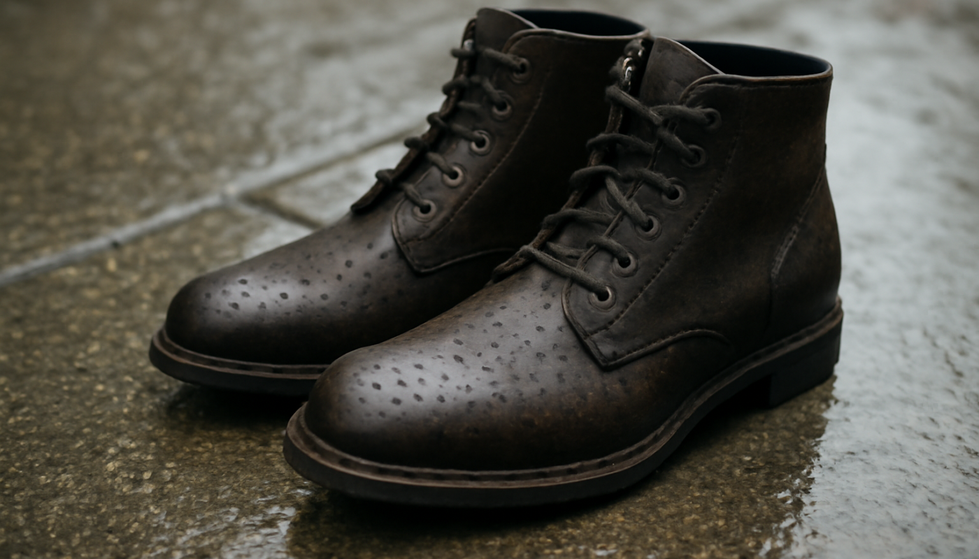 bottines posees sur trottoir mouille