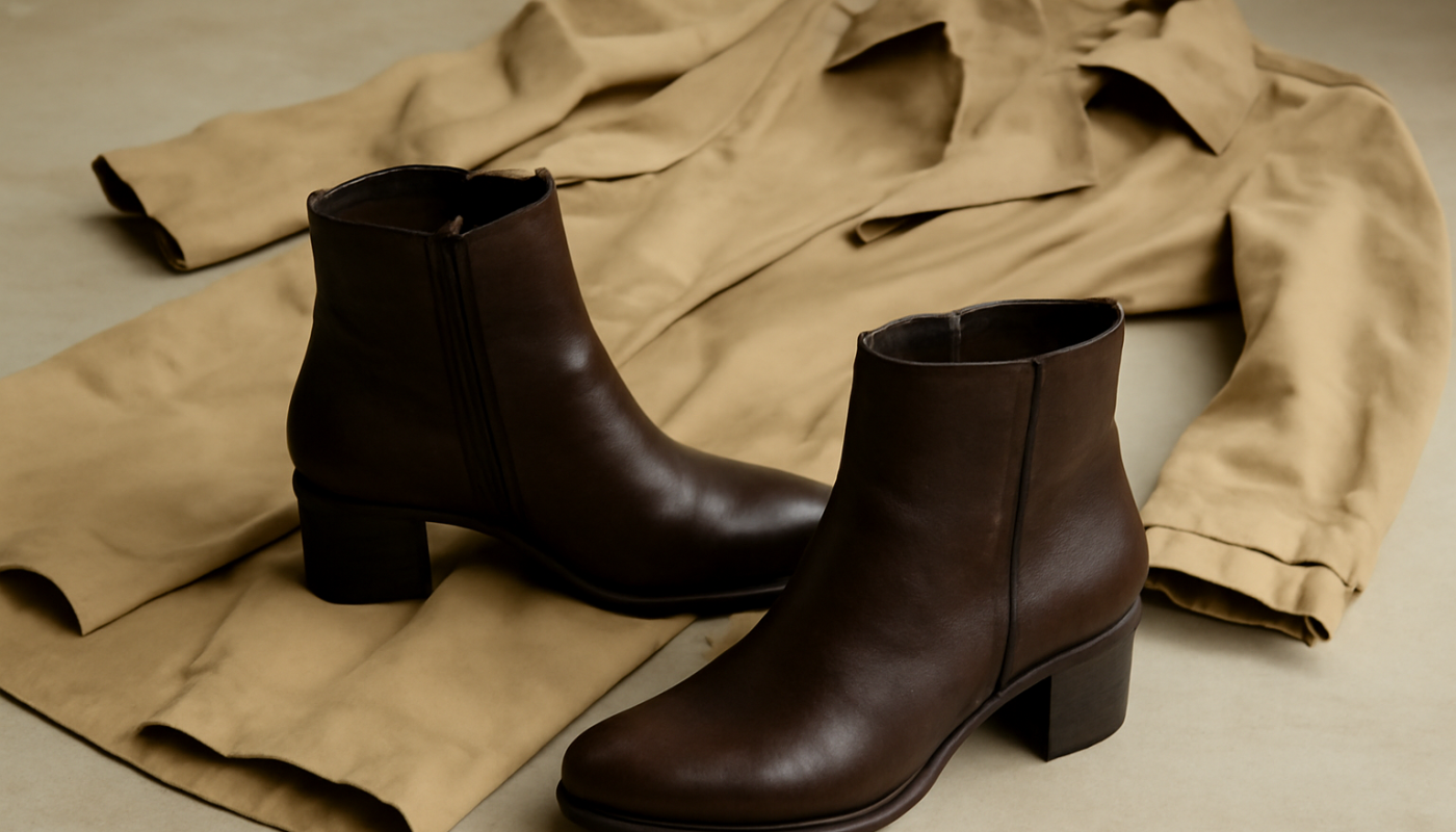 bottines posees pres d'un manteau leger