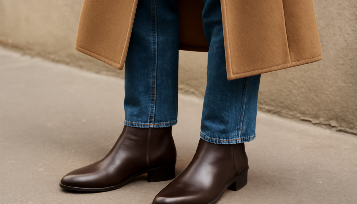 bottines simples associees a jean et manteau