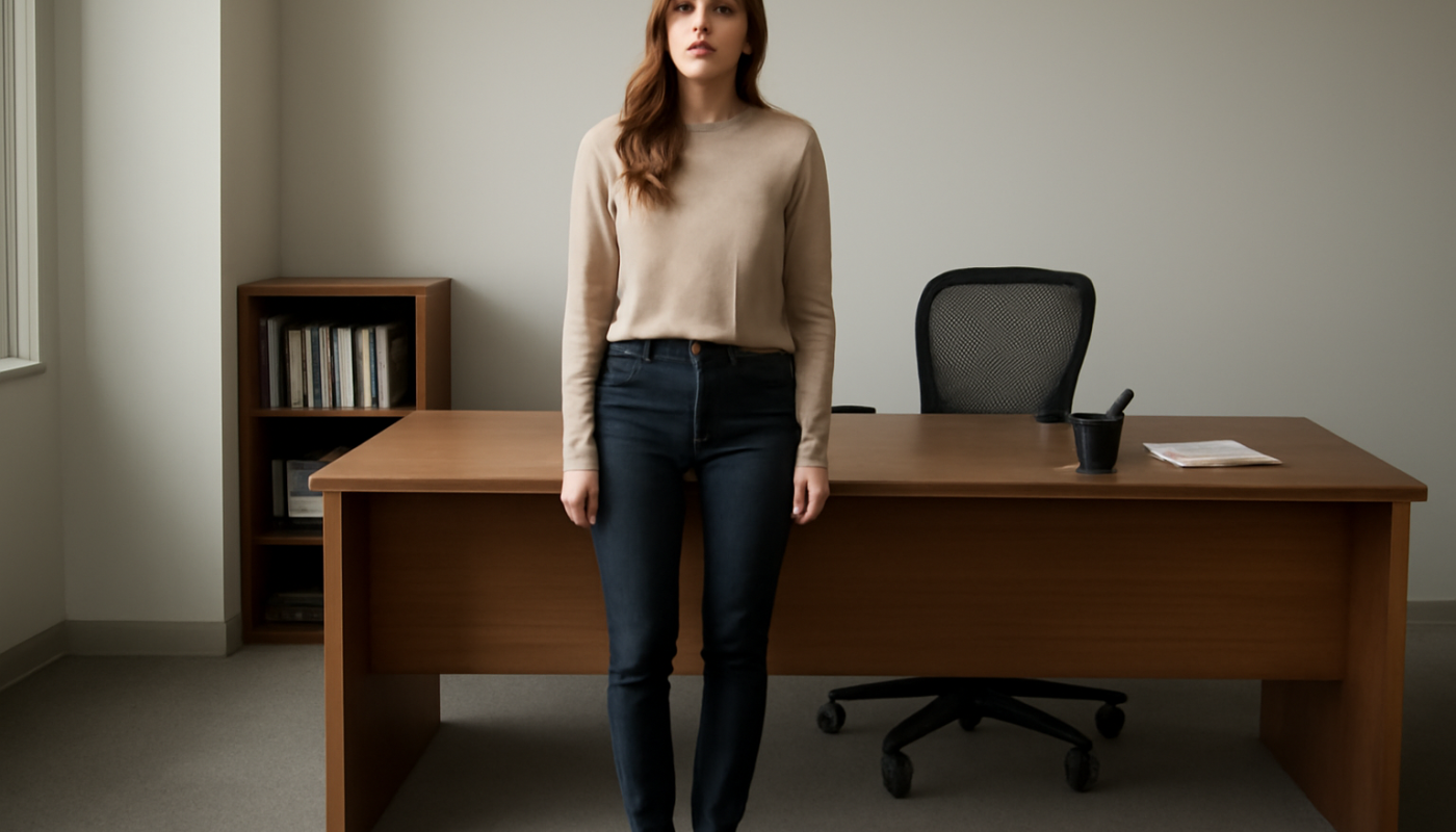 femme debout portant bottines devant bureau