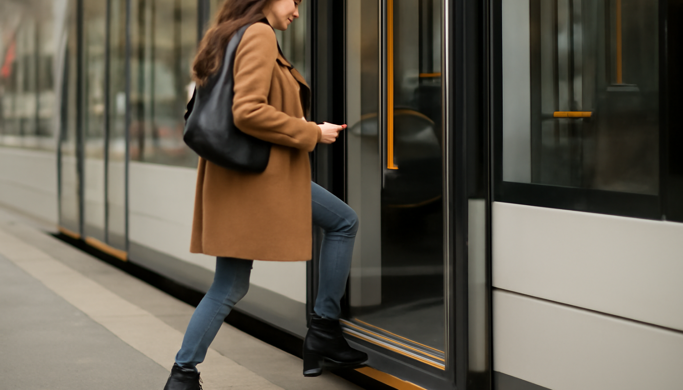 femme montant dans le tram en bottines