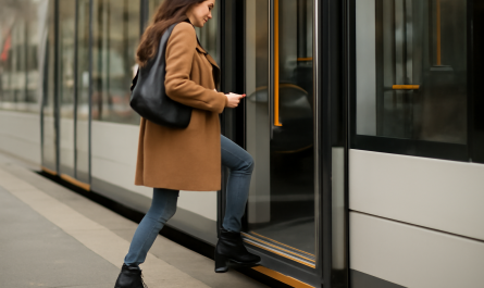 femme montant dans le tram en bottines