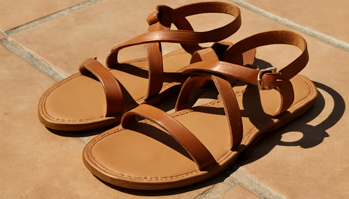 sandales à brides posees sur terrasse ensoleillee