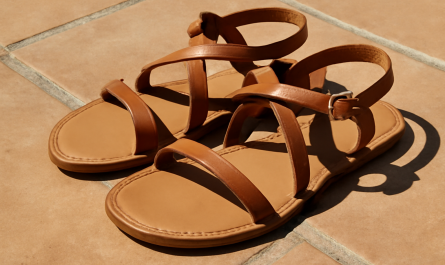sandales à brides posees sur terrasse ensoleillee