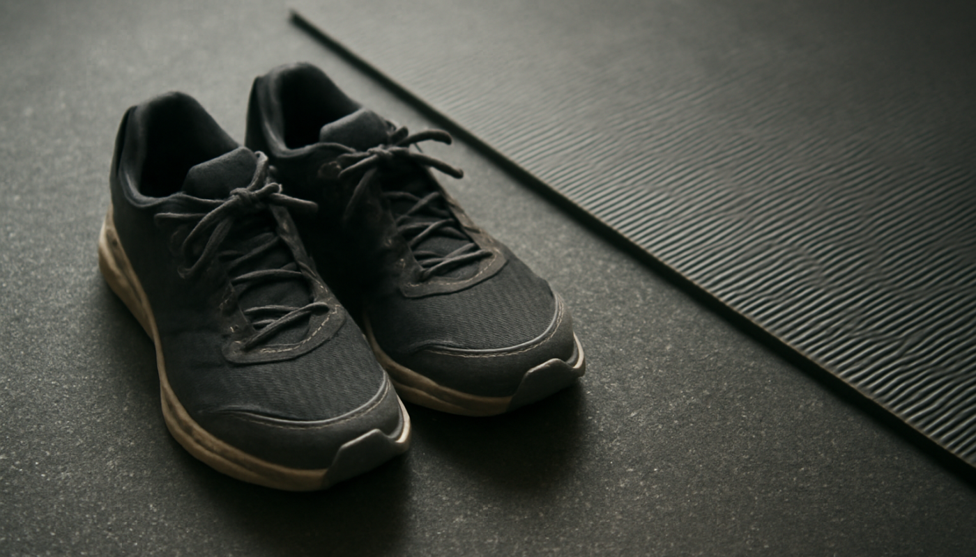 paire de chaussures pres d'un tapis de gym