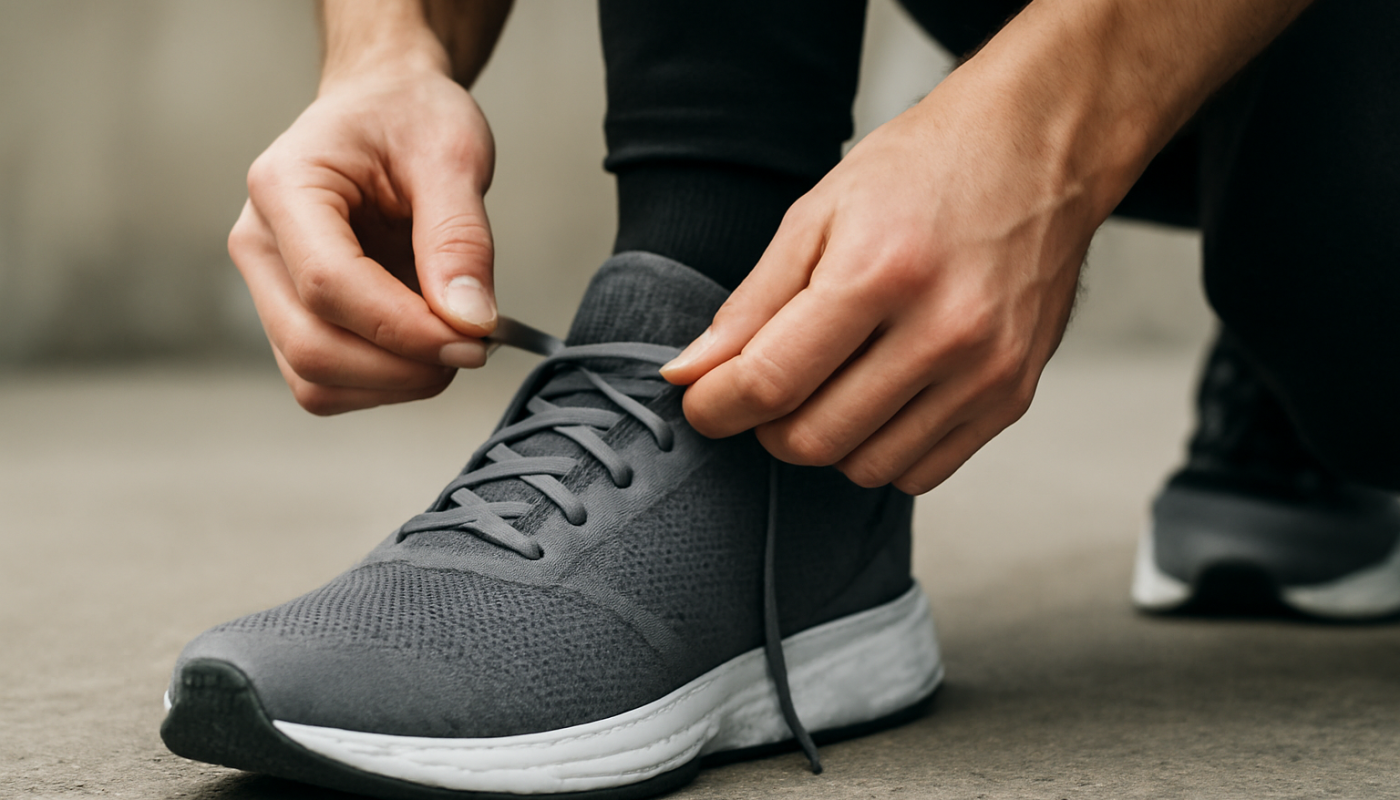 personne laçant des chaussures de sport