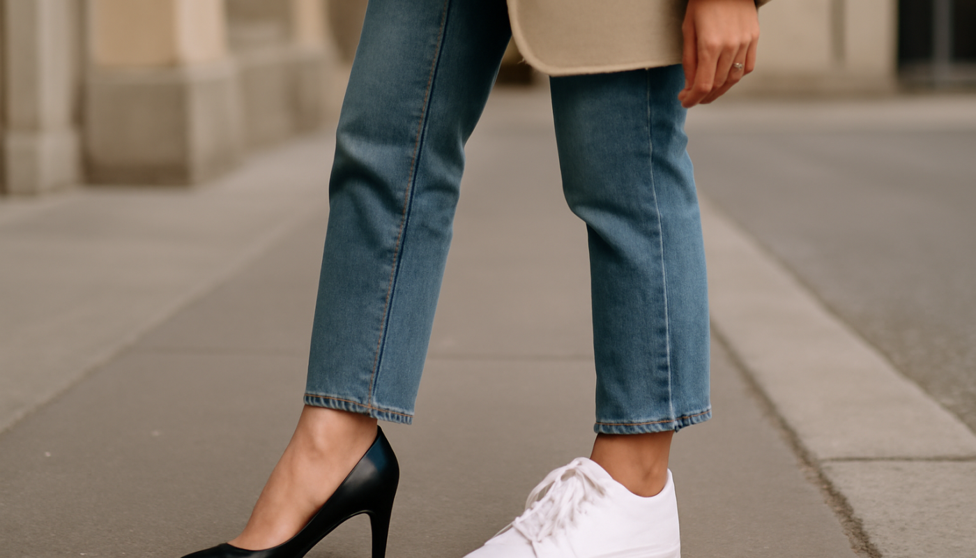 femme mixant talons et baskets