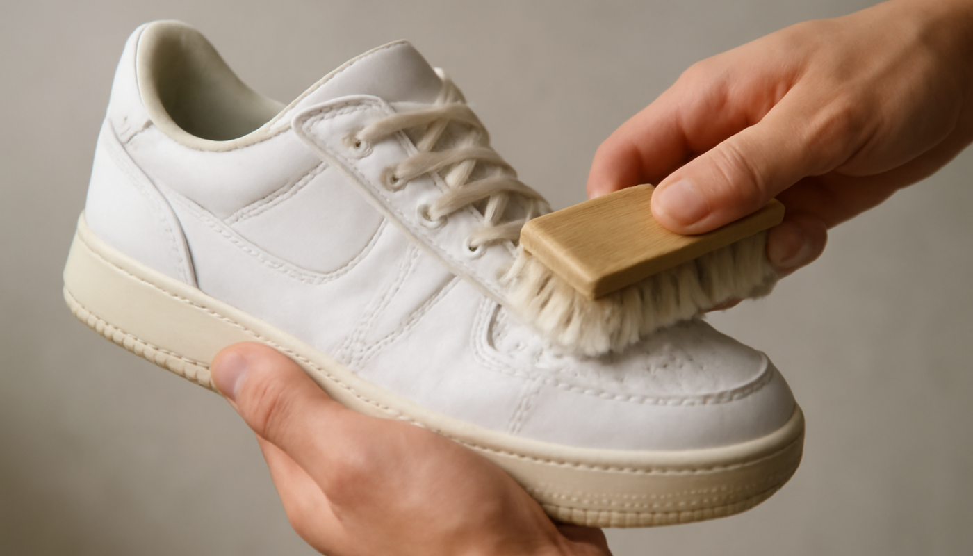 mains nettoyant une basket blanche avec brosse