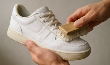 mains nettoyant une basket blanche avec brosse