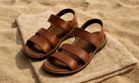 sandales en cuir posees sur serviette apres plage