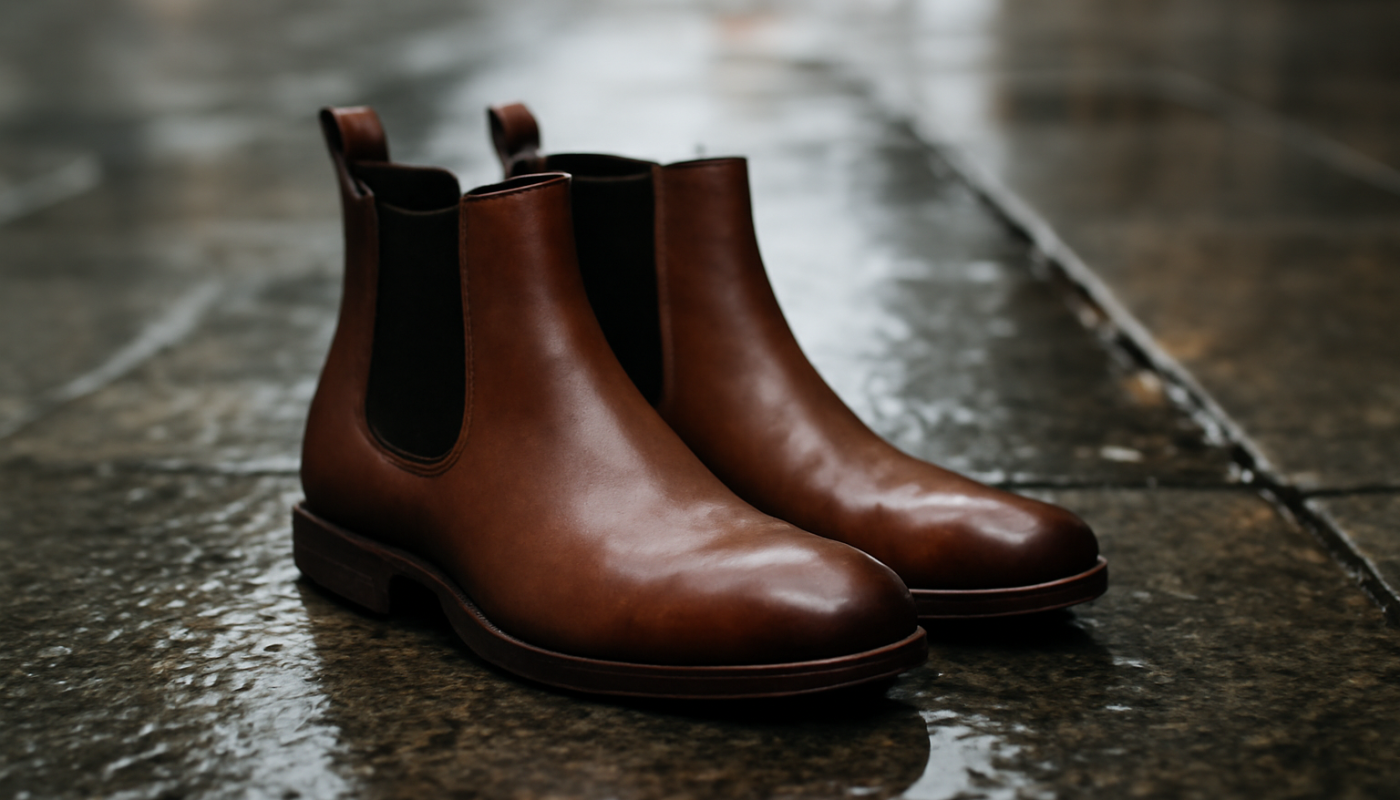 bottines posees sur trottoir mouillé