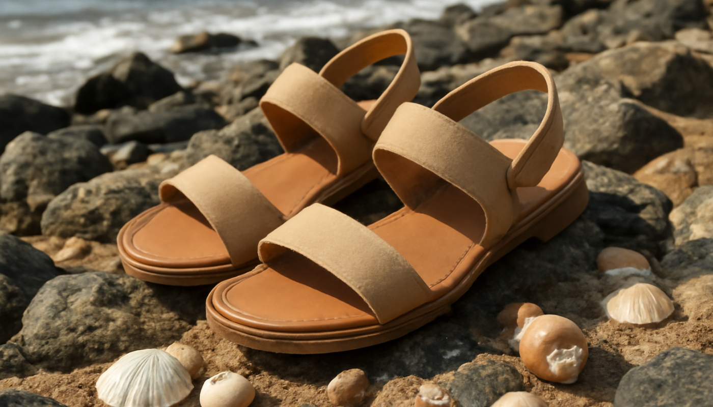 sandales posees sur plage rocheuse avec coquillages