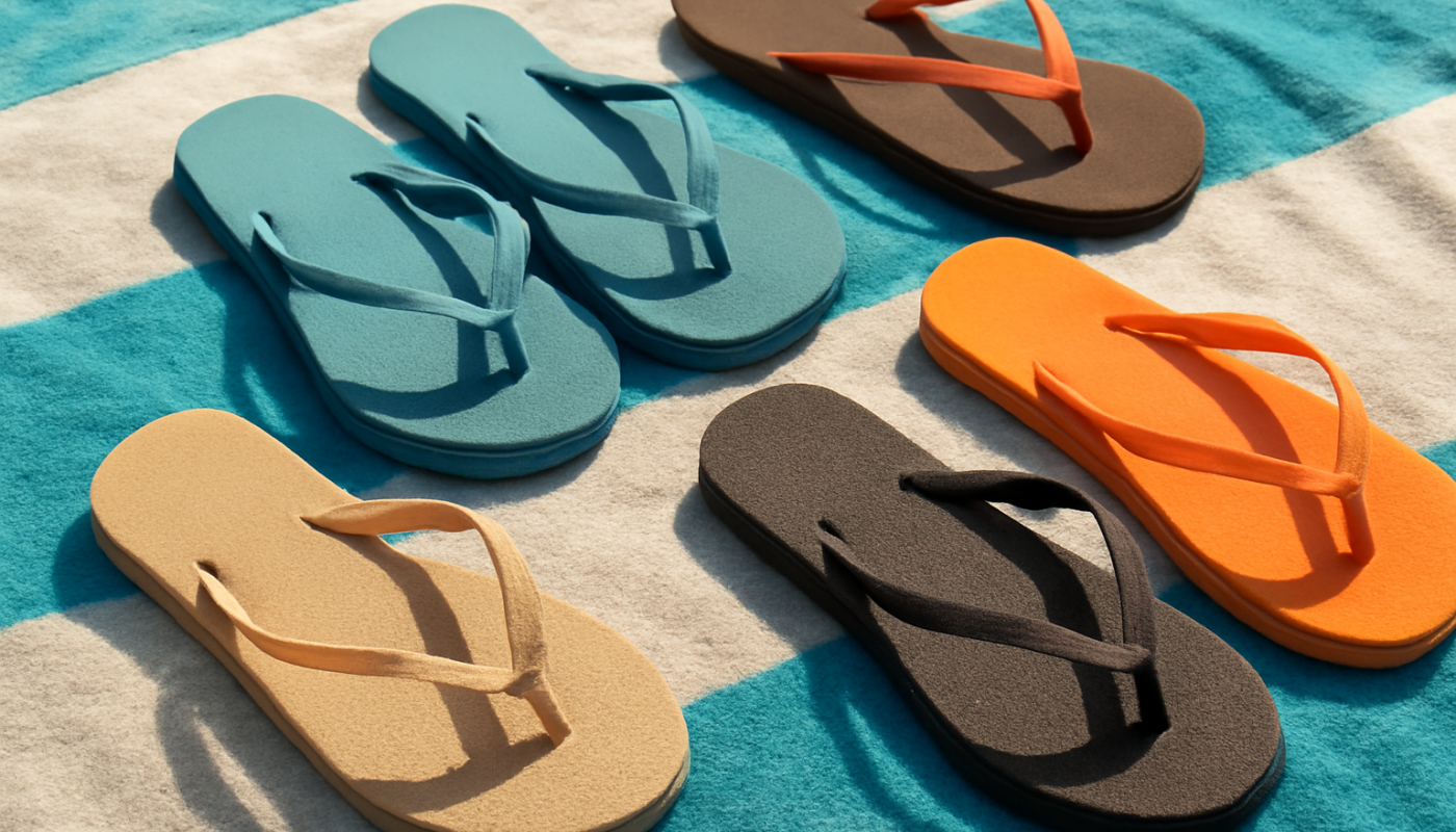 differents tongs poses sur serviette de plage