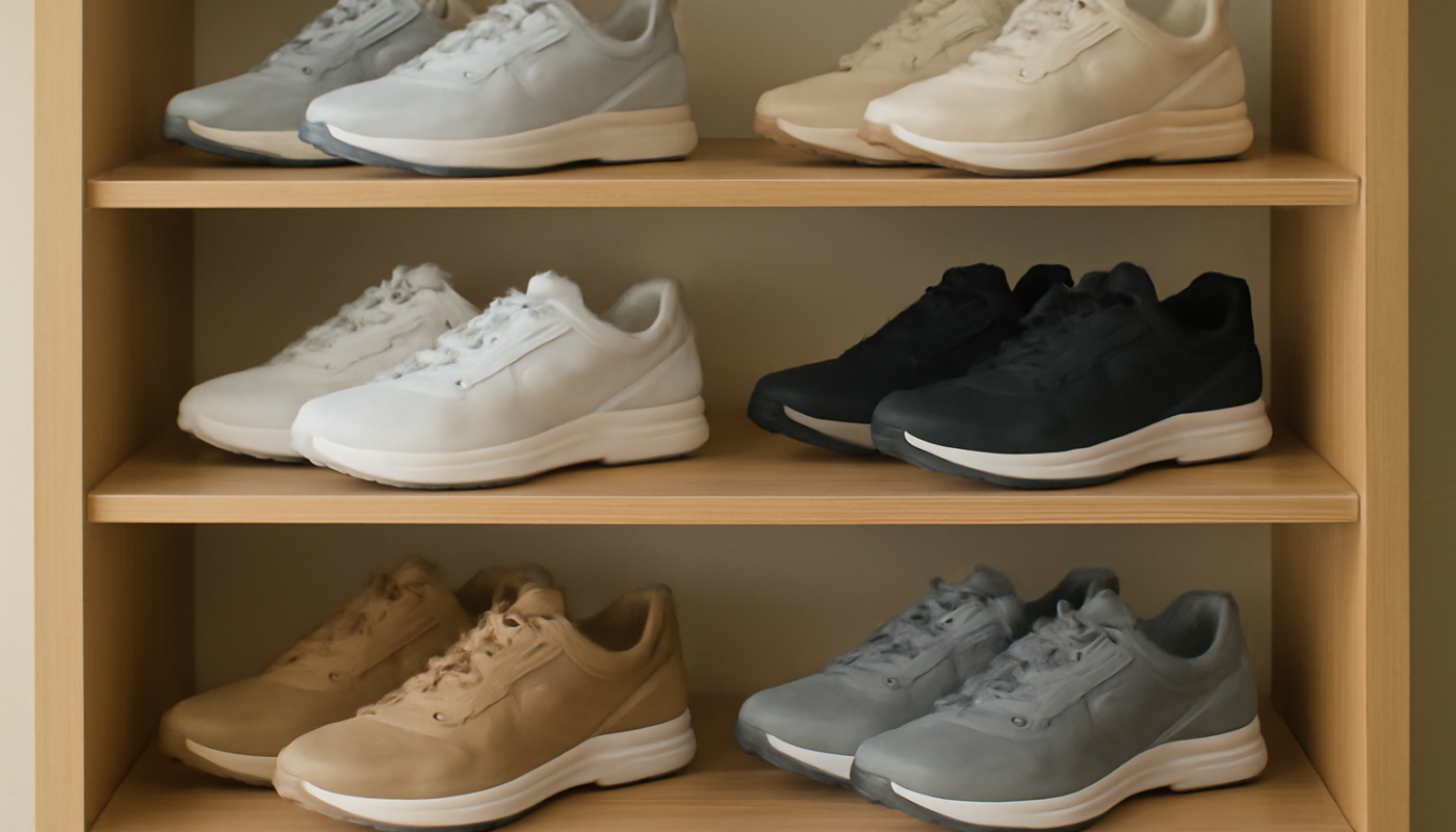 baskets de sport rangees sur etagere