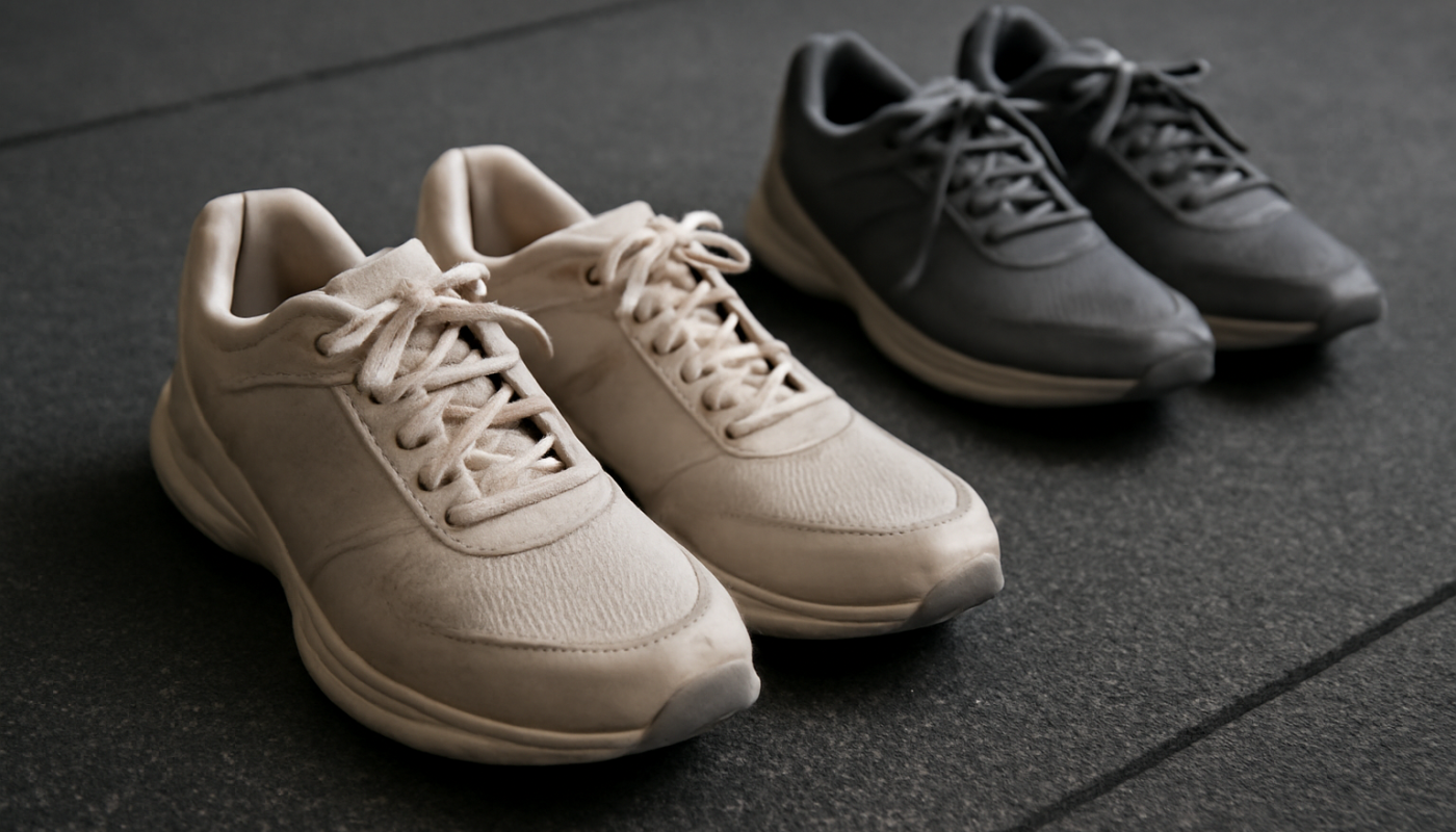 deux paires de baskets sur tapis de gym