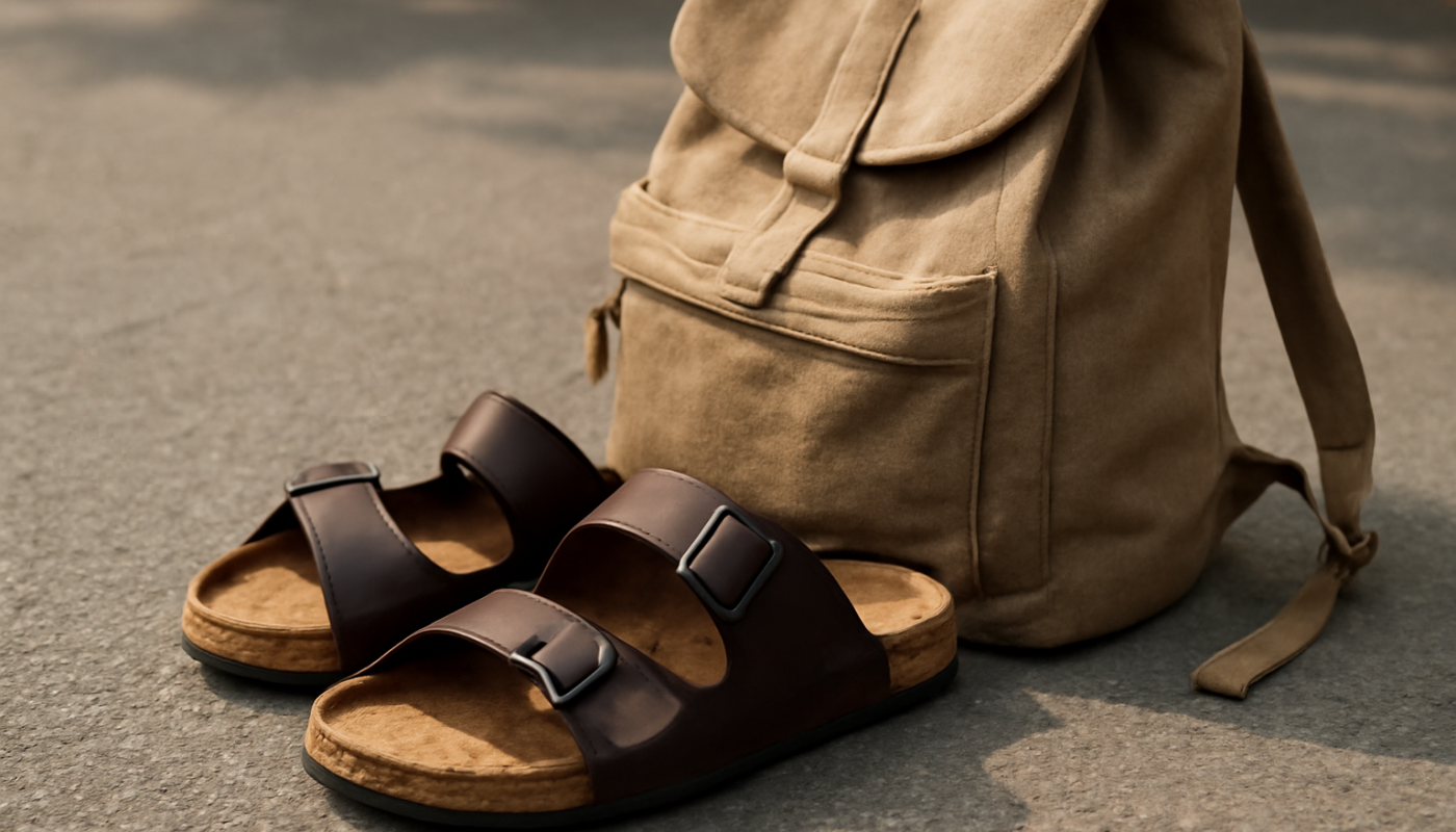 sandales posées près d'un sac de marche