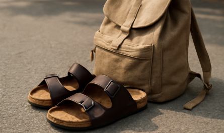 sandales posées près d'un sac de marche