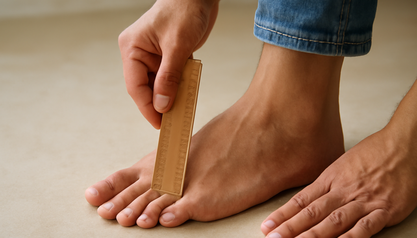 personne mesurant pied avec regle maison