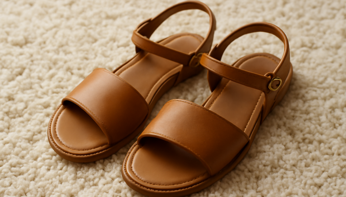 sandales ouvertes posées sur tapis doux